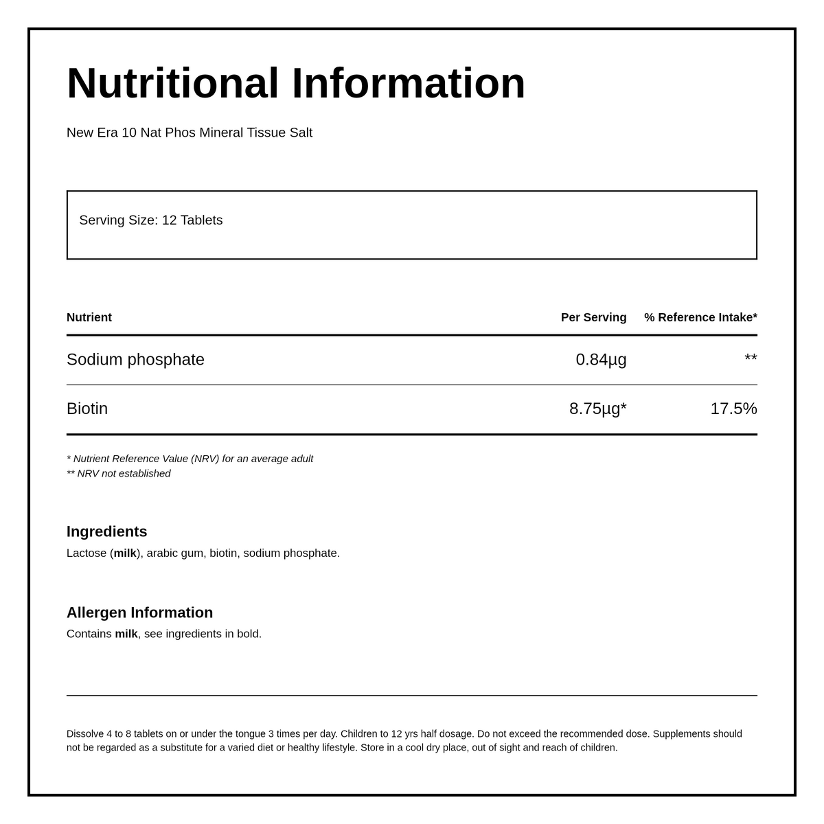 New Era No.10 Nat. Phos. 240 tabs — nutrition information panel, generated from the pack