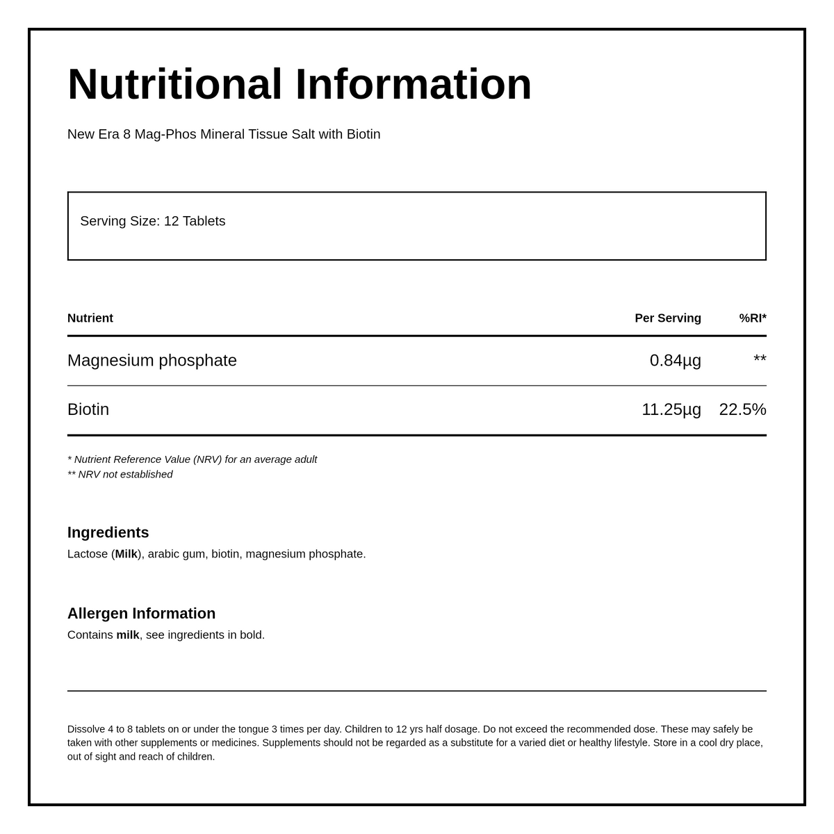 New Era No.8 Mag. Phos. 240 tablets — nutrition information panel, generated from the pack
