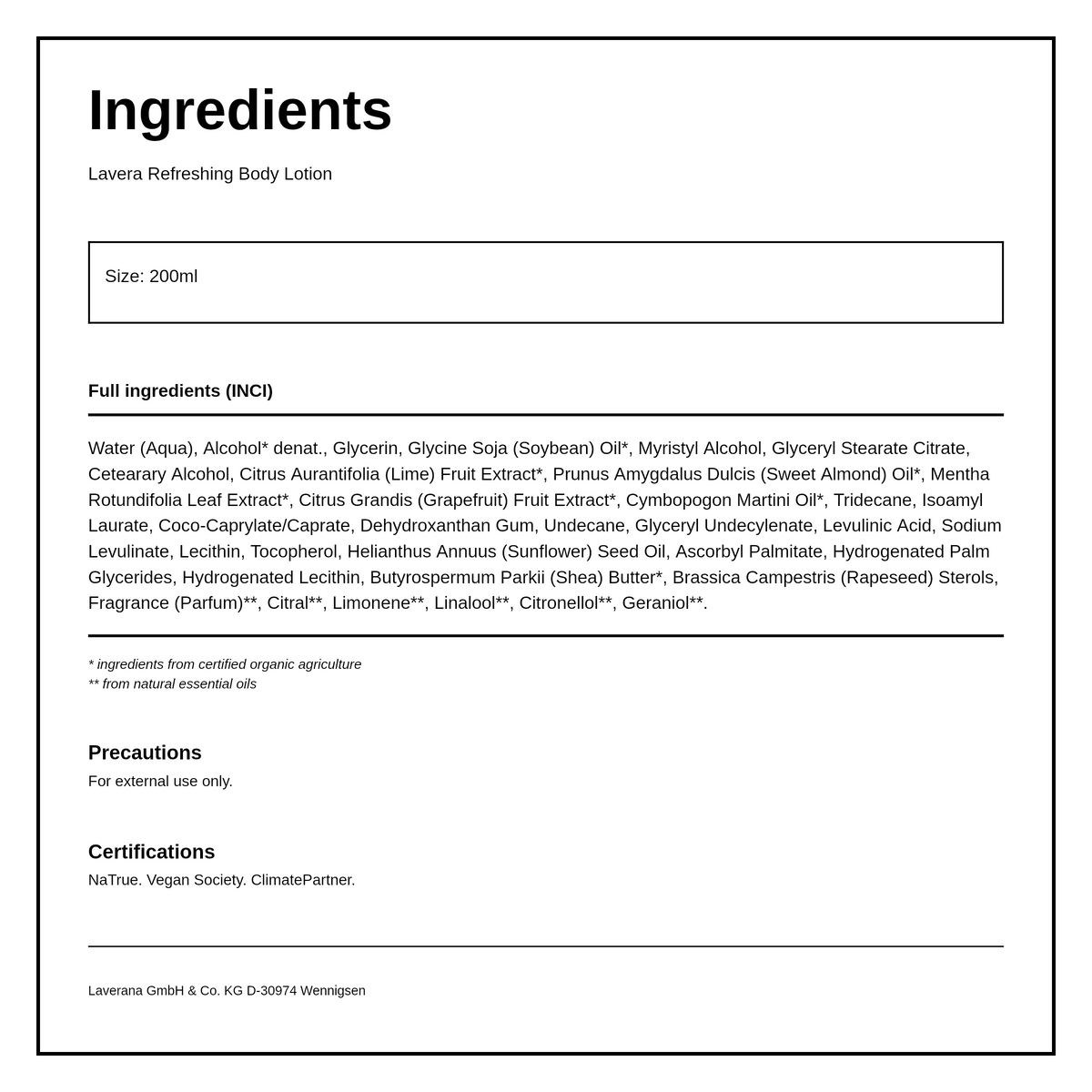 lavera REFRESHING BODY LOTION — ingredients (INCI) panel, generated from the pack