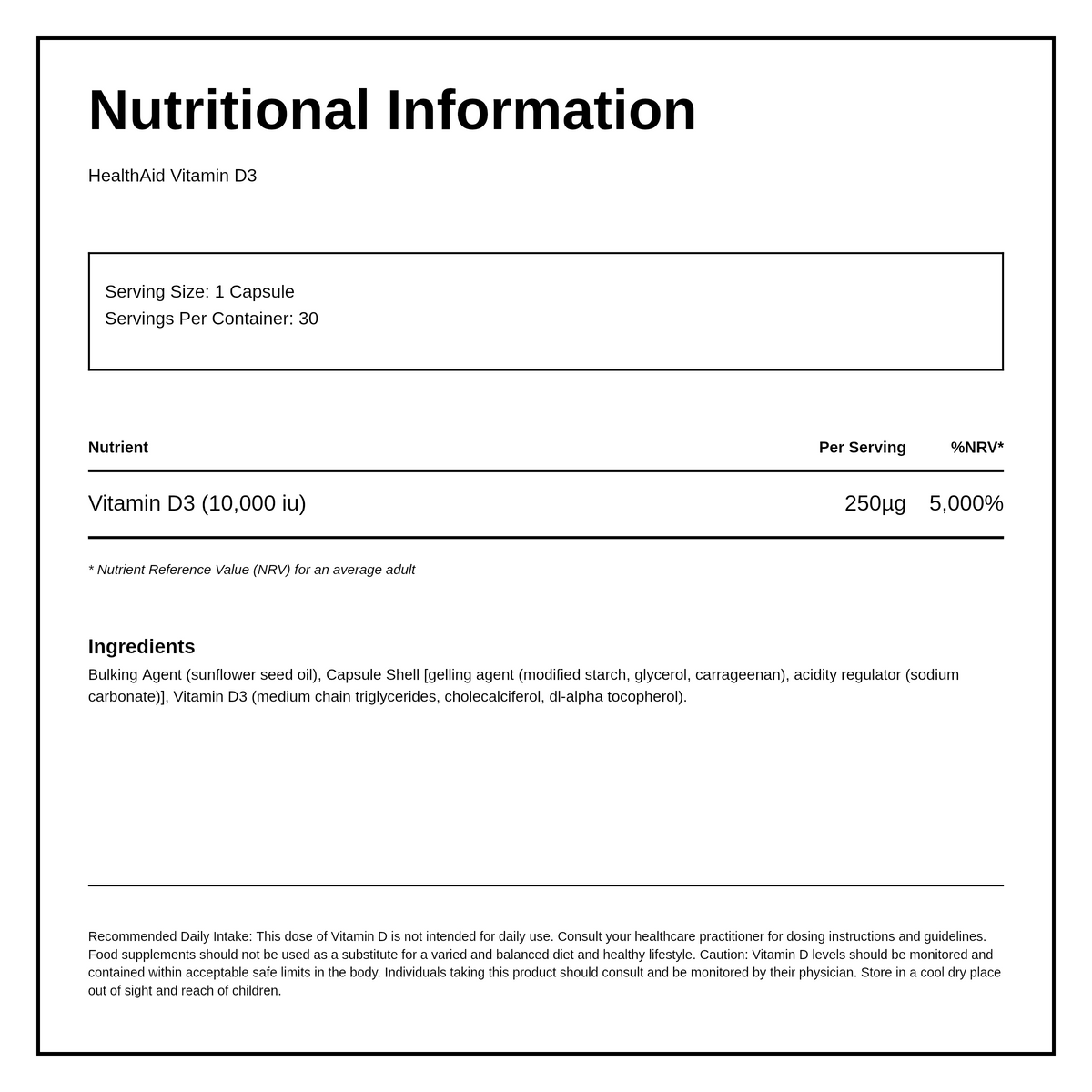 HealthAid Vitamin D3 10,000iu - 30 Vegicaps — nutrition information panel, generated from the pack