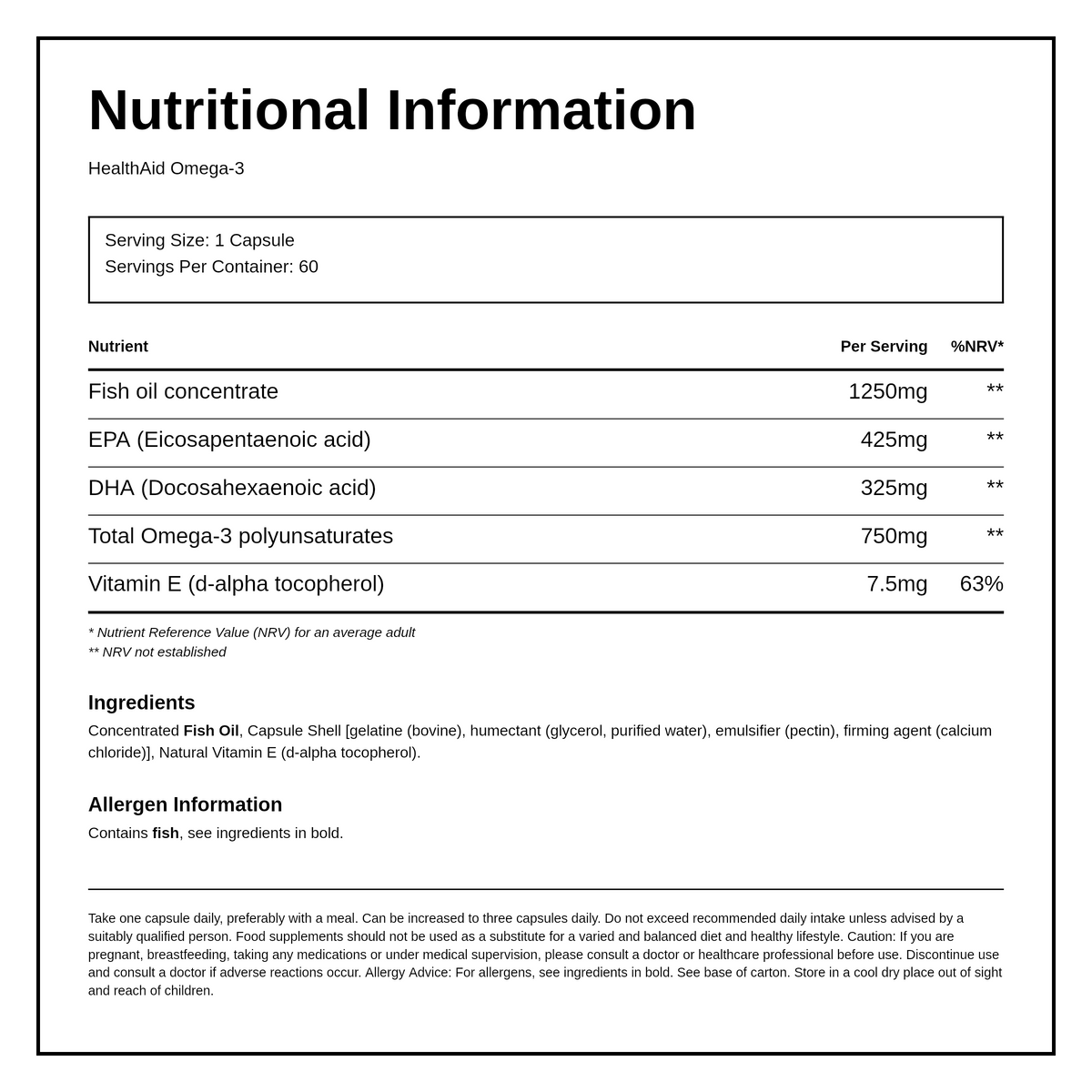 HealthAid Omega 3 750mg — nutrition information panel, generated from the pack