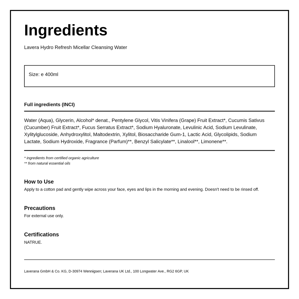 lavera HYDRO REFRESH MICELLAR WATER — ingredients (INCI) panel, generated from the pack