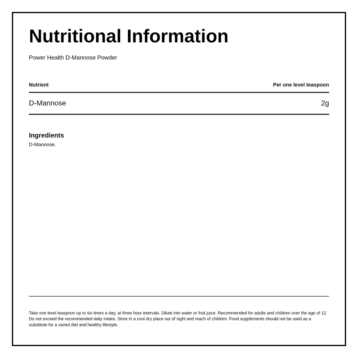 Power Health D-Mannose Powder — nutrition information panel, generated from the pack