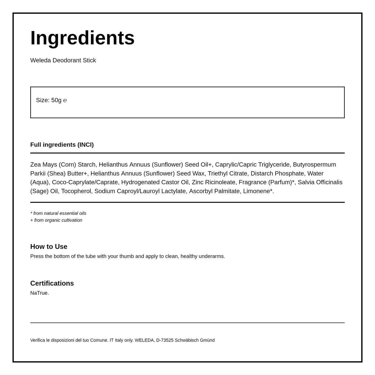 Weleda Eucalyptus & Peppermint Solid Deodorant — ingredients (INCI) panel, generated from the pack