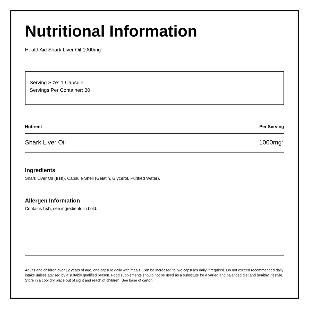 HealthAid Immutone Shark Liver Oil 1000mg - 30 Capsules — nutrition information panel, generated from the pack