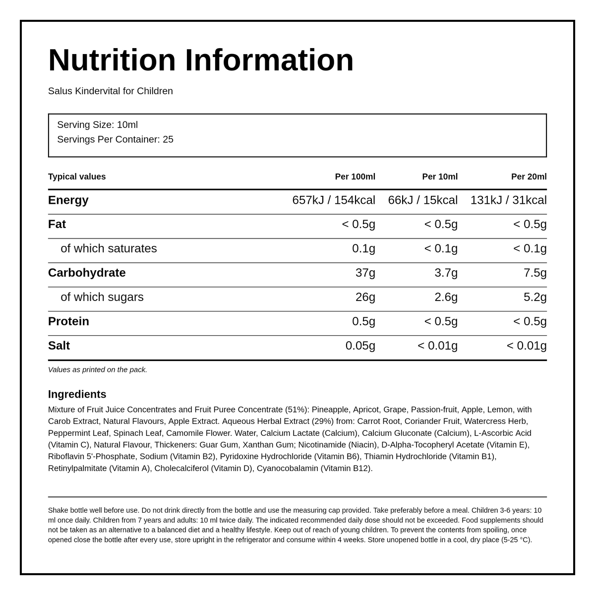 Floradix Kindervital Fruity Formula for Children — nutrition information panel, generated from the pack