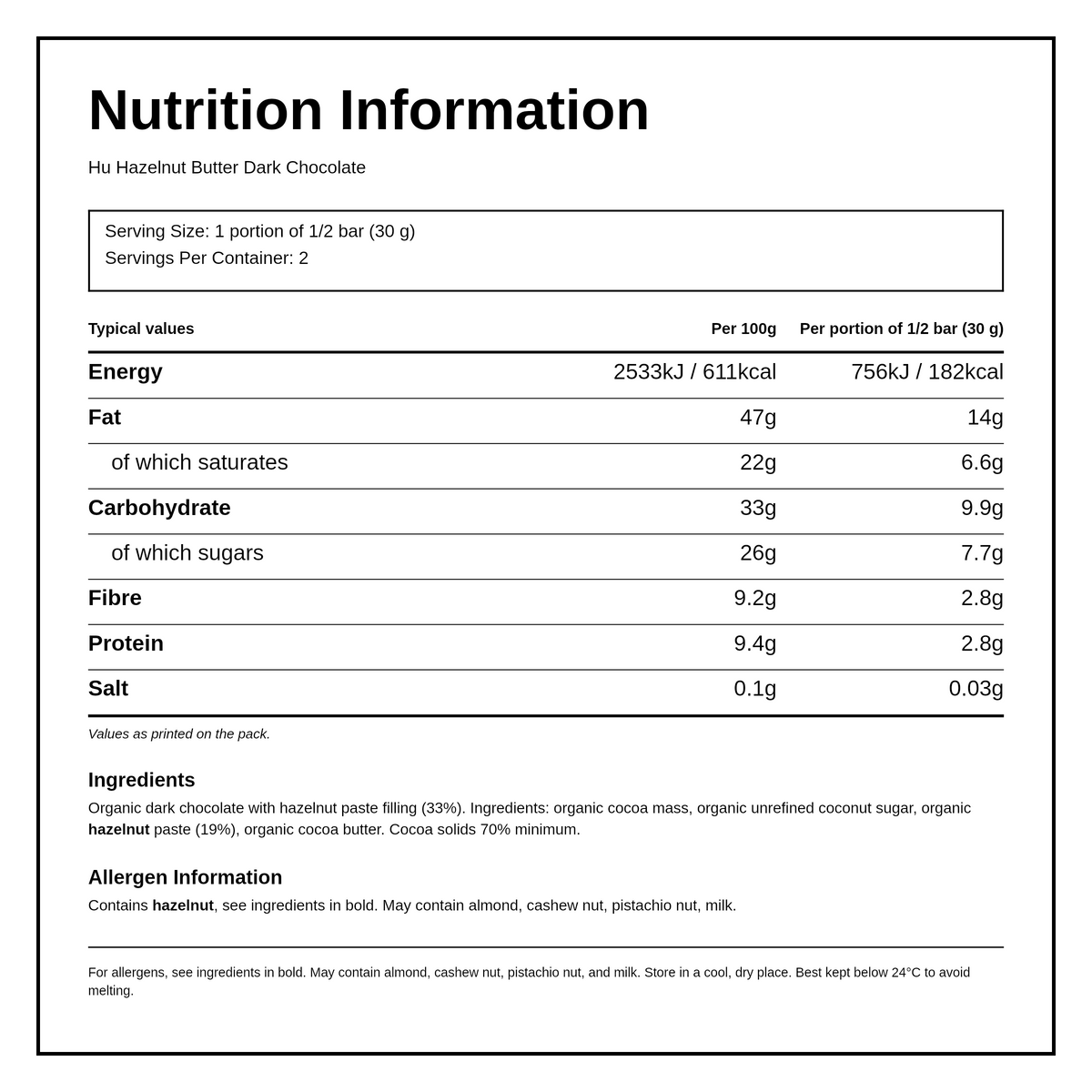 Hu Hazelnut Butter Dark Chocolate Bar — nutrition information panel, generated from the pack