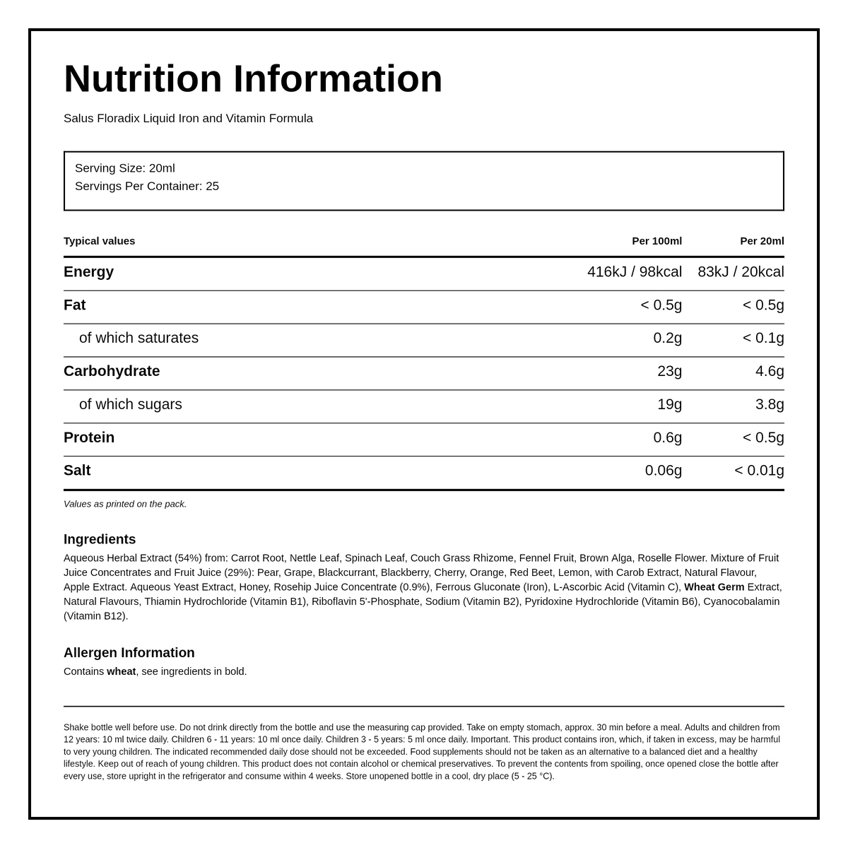 Floradix Liquid Iron and Vitamin Formula — nutrition information panel, generated from the pack