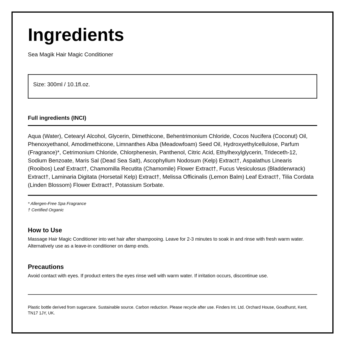 Dead Sea Spa Magik Hair Magic Conditioner — ingredients (INCI) panel, generated from the pack