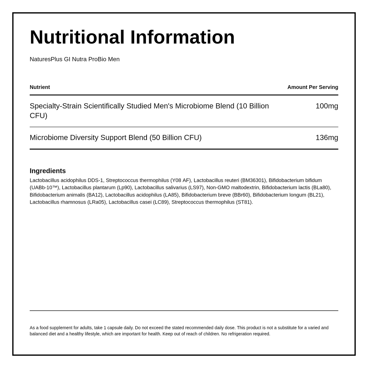Natures Plus GI Nutra ProBio Men — nutrition information panel, generated from the pack