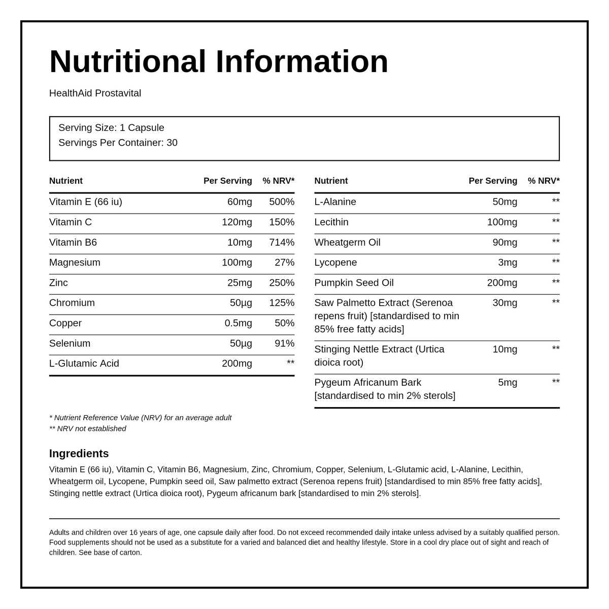 HealthAid Prostavital - 30 Capsules — nutrition information panel, generated from the pack