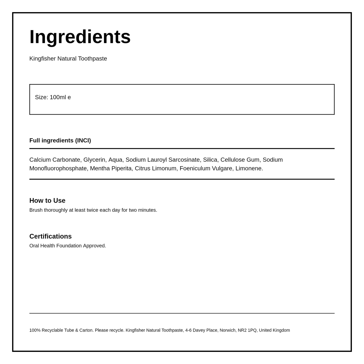 Kingfisher Mint Toothpaste — ingredients (INCI) panel, generated from the pack