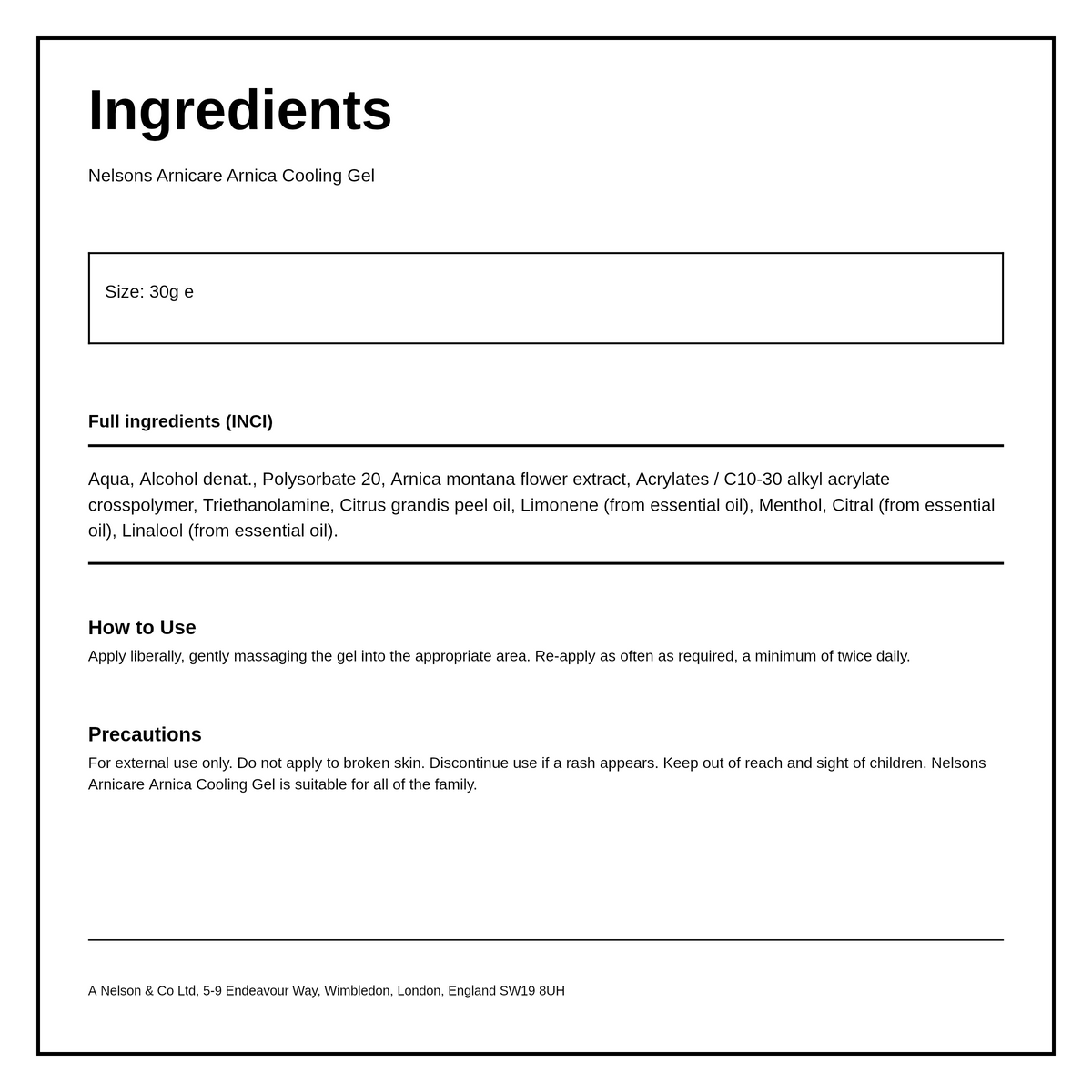 Nelsons Arnicare Arnica Cooling Gel — ingredients (INCI) panel, generated from the pack