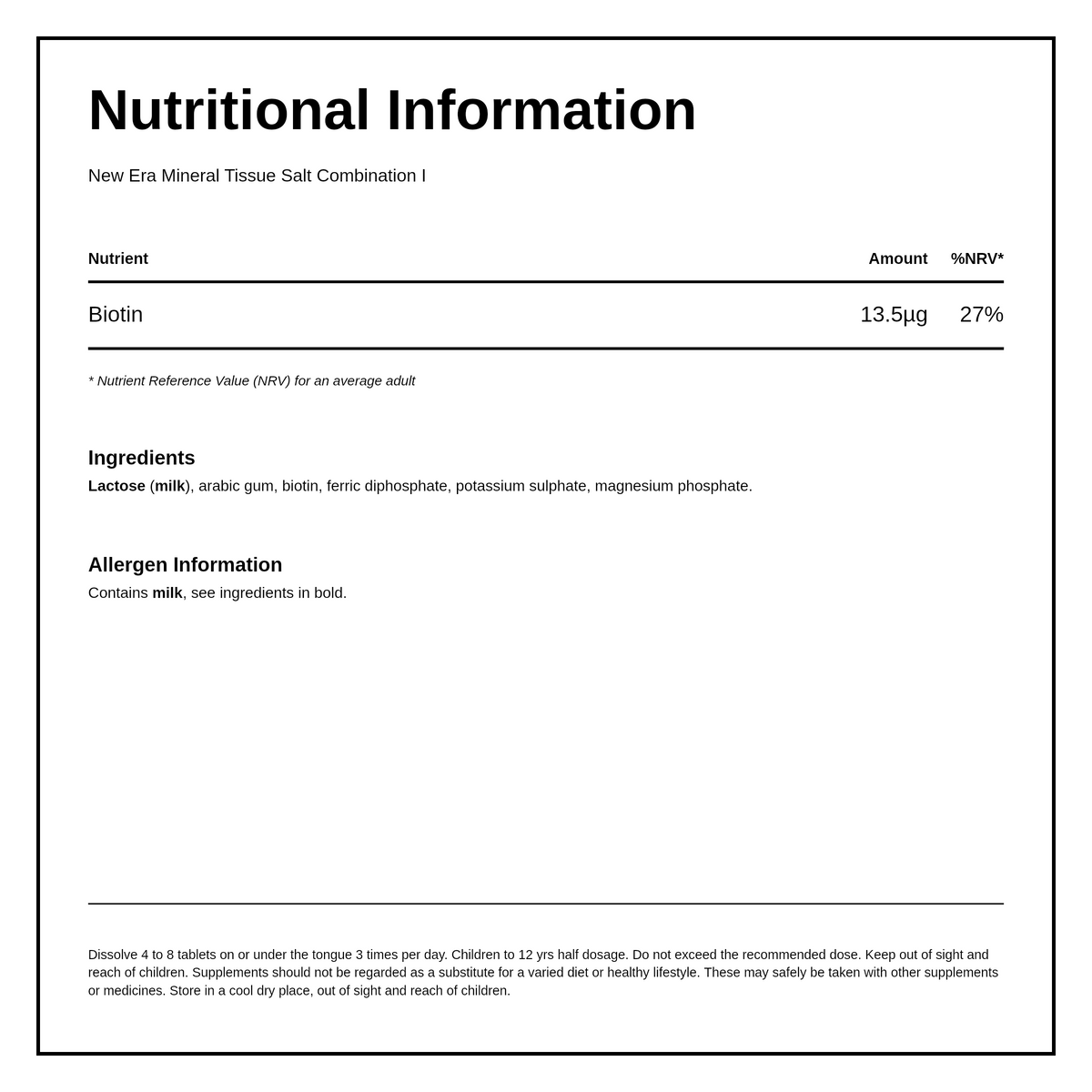 New Era Combination I - 240 tablets — nutrition information panel, generated from the pack