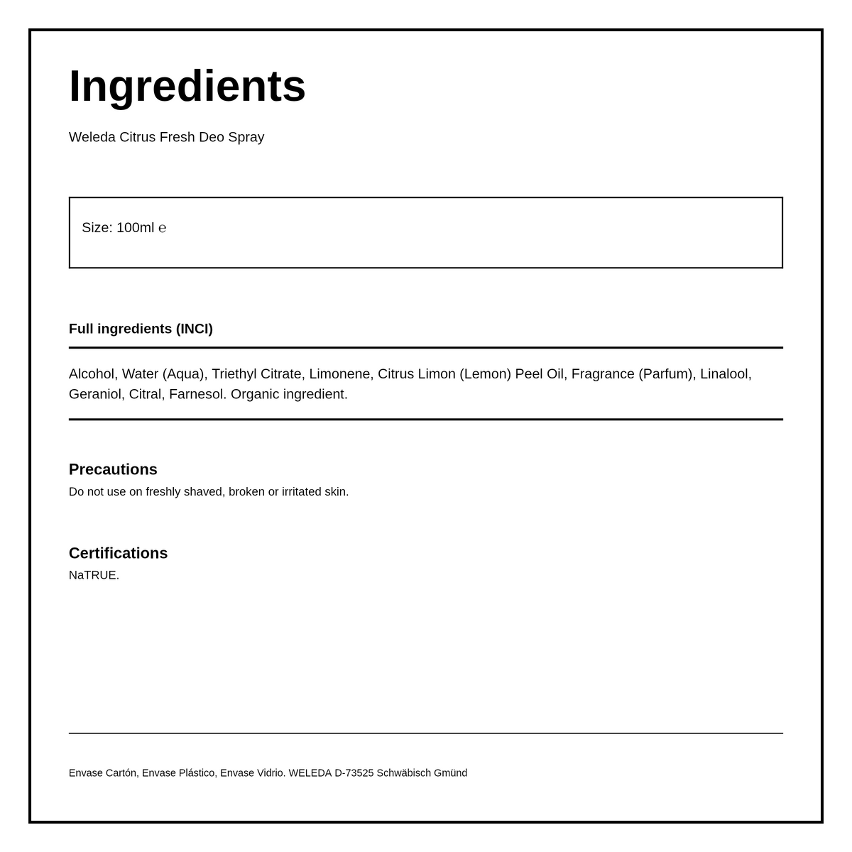 Weleda Citrus Deodorant — ingredients (INCI) panel, generated from the pack