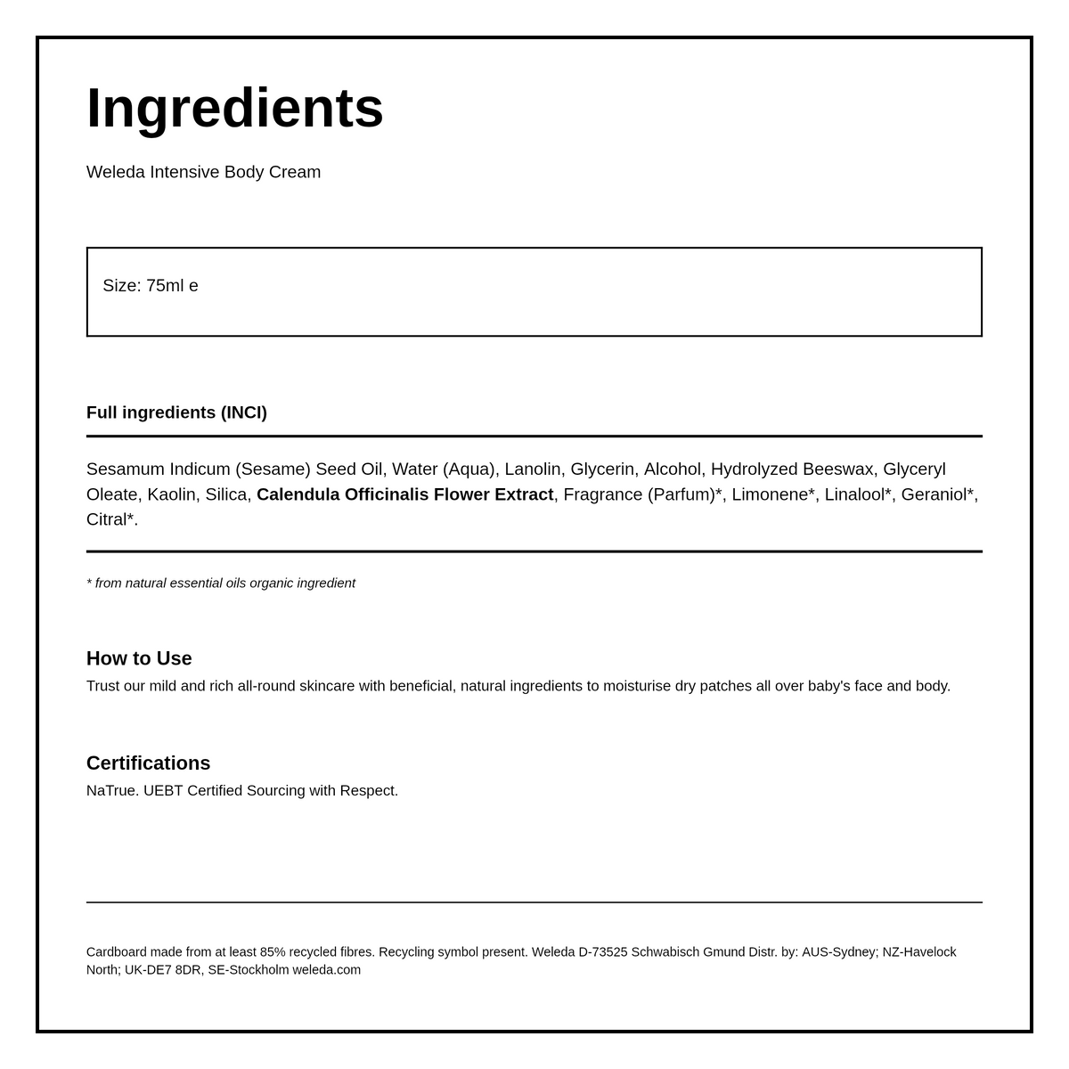 Weleda Calendula Body Cream — ingredients (INCI) panel, generated from the pack