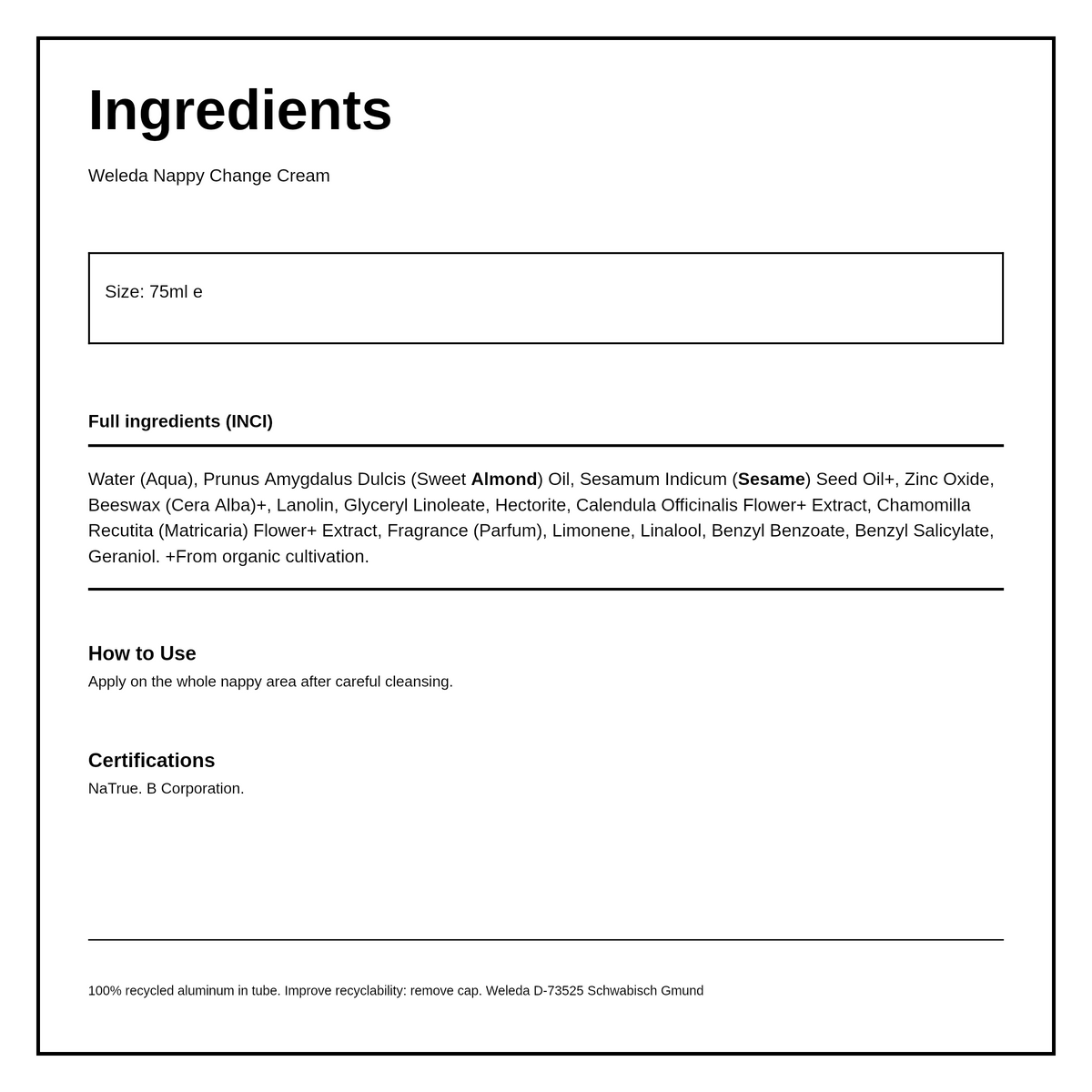Weleda Calendula Nappy Cream — ingredients (INCI) panel, generated from the pack