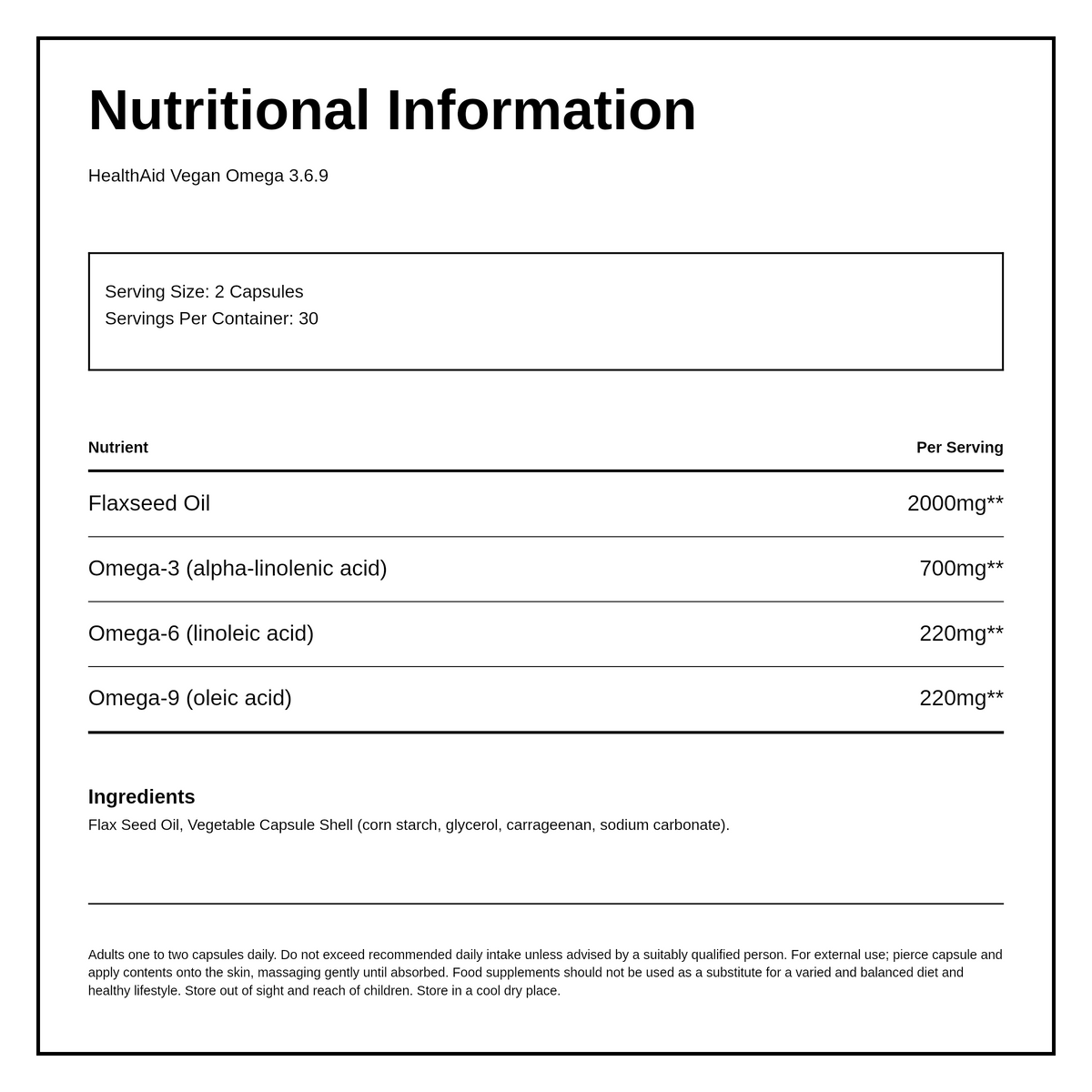 HealthAid Vegan Omega 3.6.9 Capsules — nutrition information panel, generated from the pack