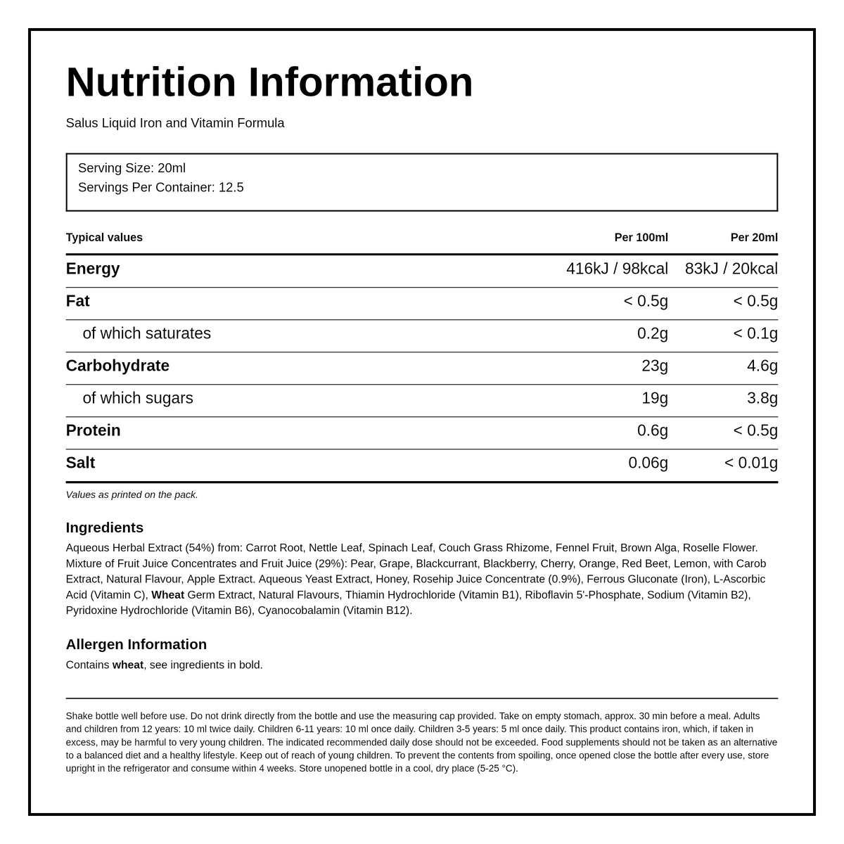 Floradix Liquid Iron and Vitamin Formula — nutrition information panel, generated from the pack