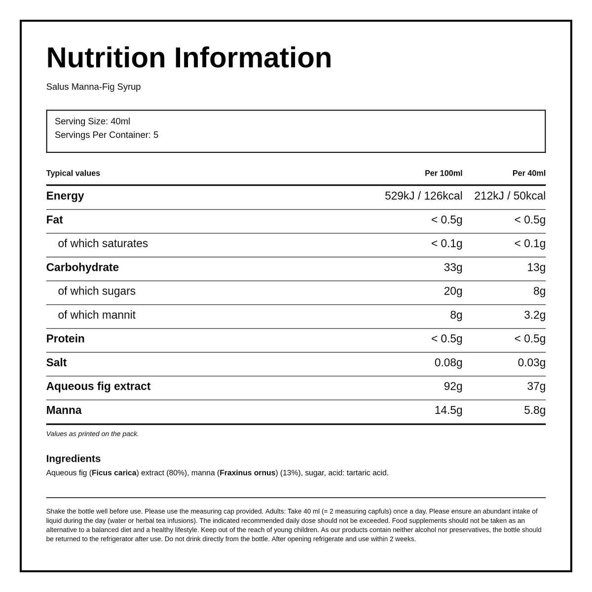 Salus Manna Fig Syrup — nutrition information panel, generated from the pack
