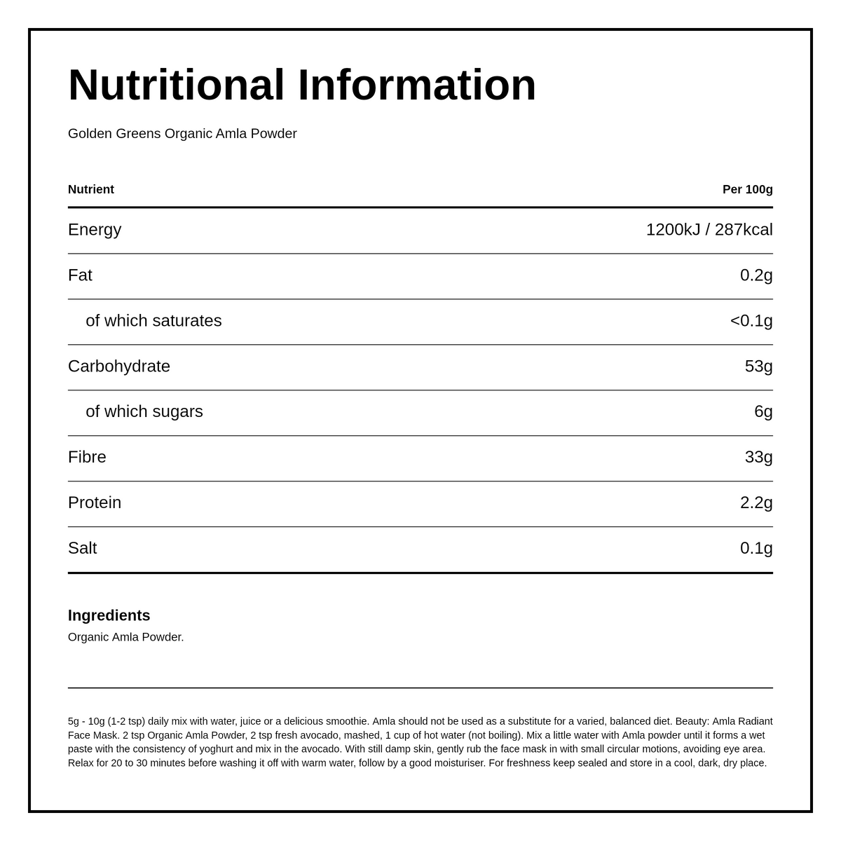 Greens Organic Organic Amla Fruit Powder — nutrition information panel, generated from the pack
