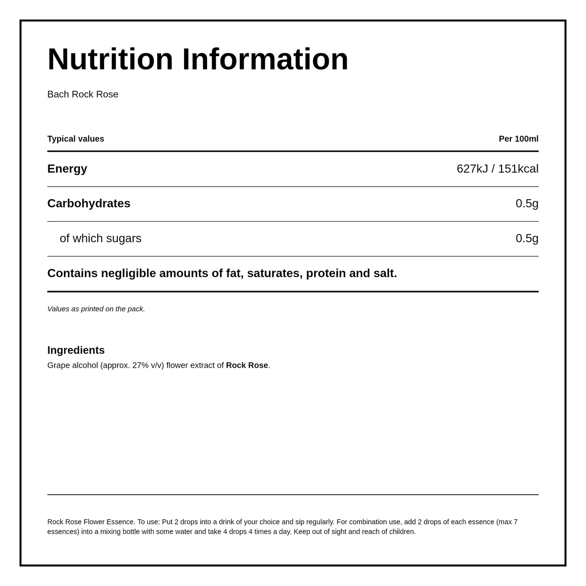Bach Original Flower Remedies Rock Rose — nutrition information panel, generated from the pack
