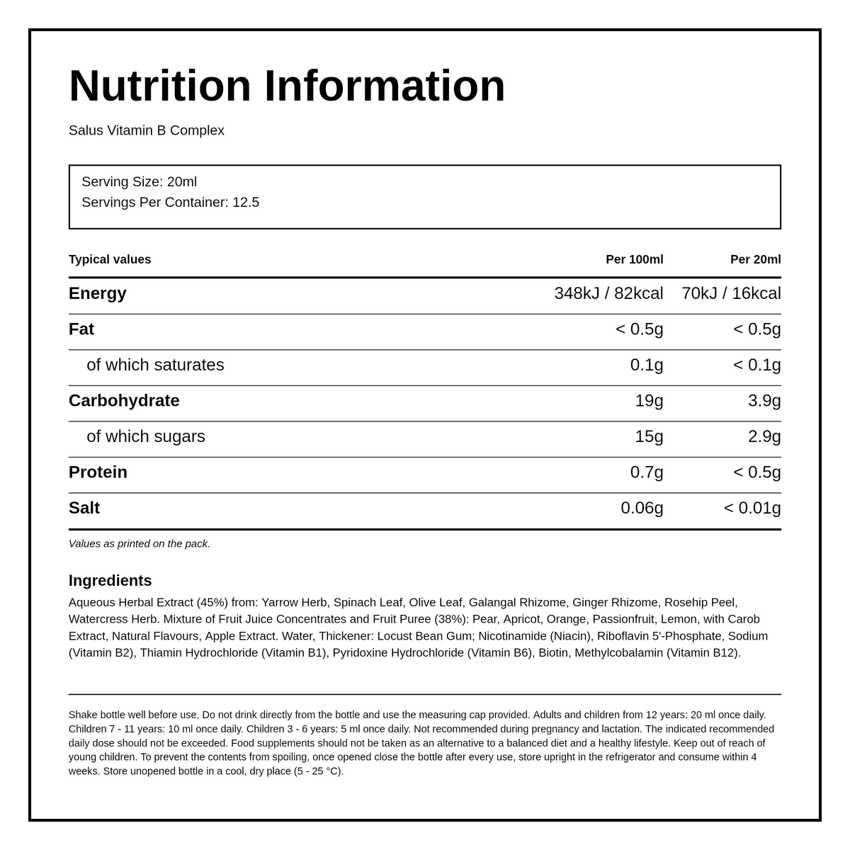 Floradix Vitamin B Complex — nutrition information panel, generated from the pack