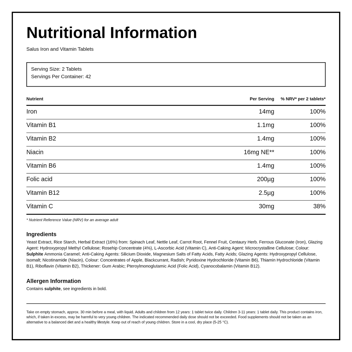 Floradix Iron - 84 tabs — nutrition information panel, generated from the pack