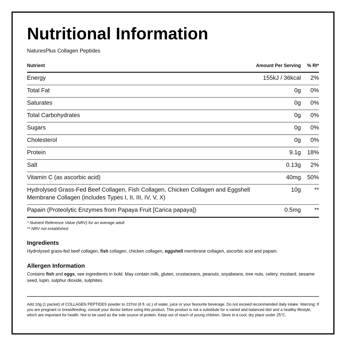 Nature's Plus Collagen Peptides 20 sachets — nutrition information panel, generated from the pack