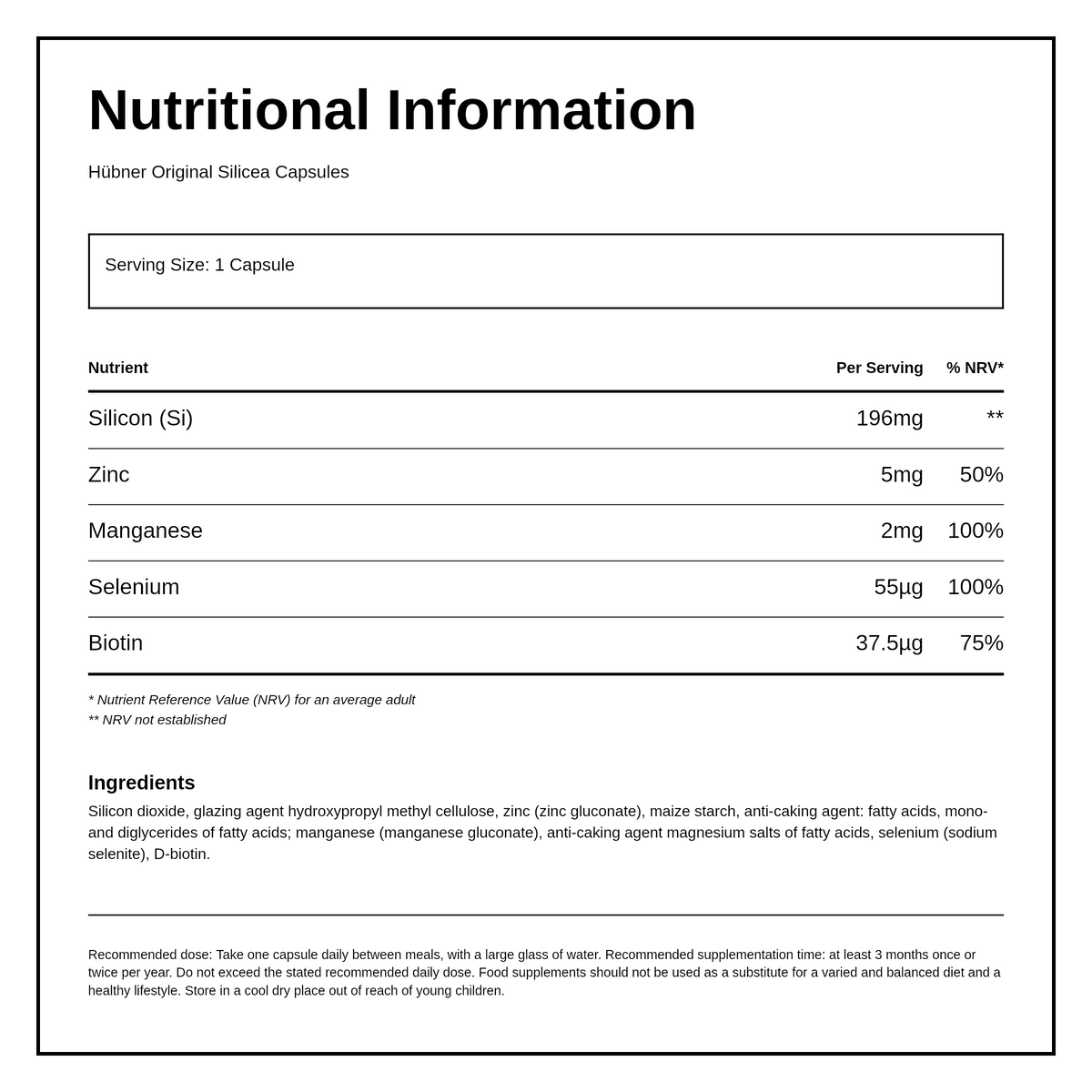 Hubner SILICEA Hair Skin and Nails 30 Caps — nutrition information panel, generated from the pack