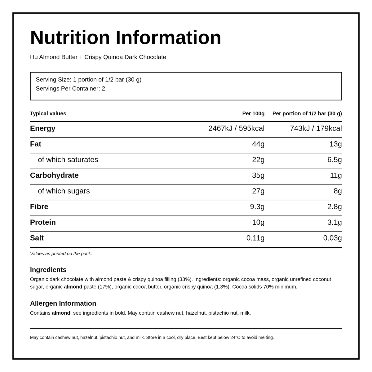 Hu Almond Butter & Puffed Quinoa Dark Chocolate Bar — nutrition information panel, generated from the pack