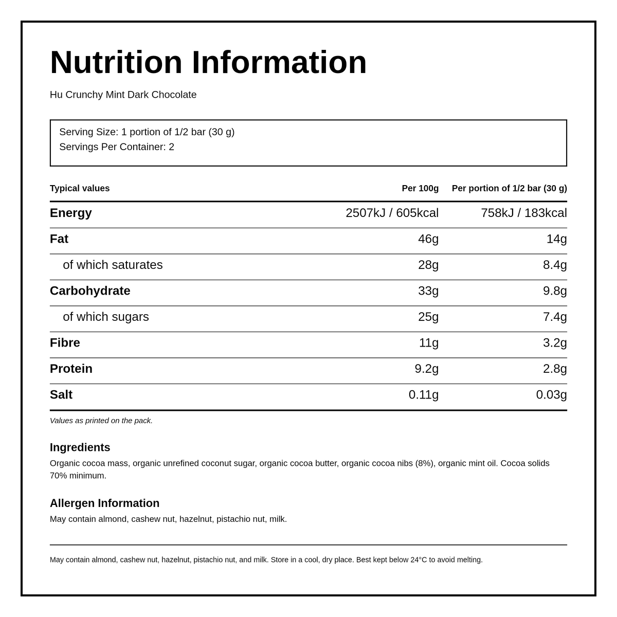Hu Crunchy Mint Dark Chocolate Bar — nutrition information panel, generated from the pack