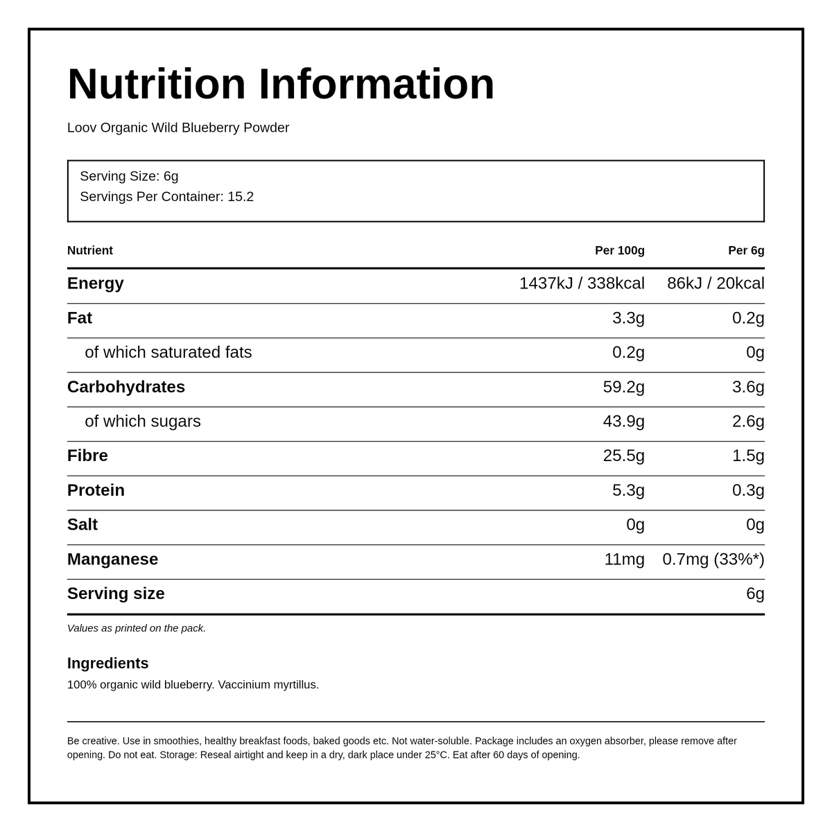 Loov Organic Wild Blueberry Freeze-Dried Powder — nutrition information panel, generated from the pack