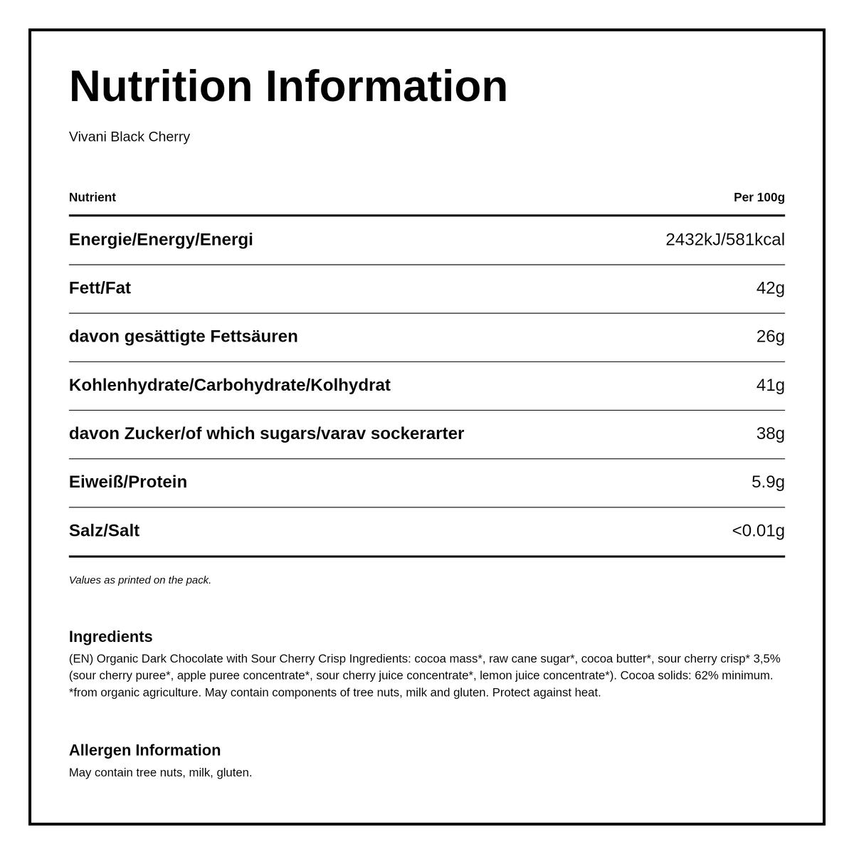 Vivani Black Cherry 35g, 62% cocoa, Vegan Chocolate Bar — nutrition information panel, generated from the pack