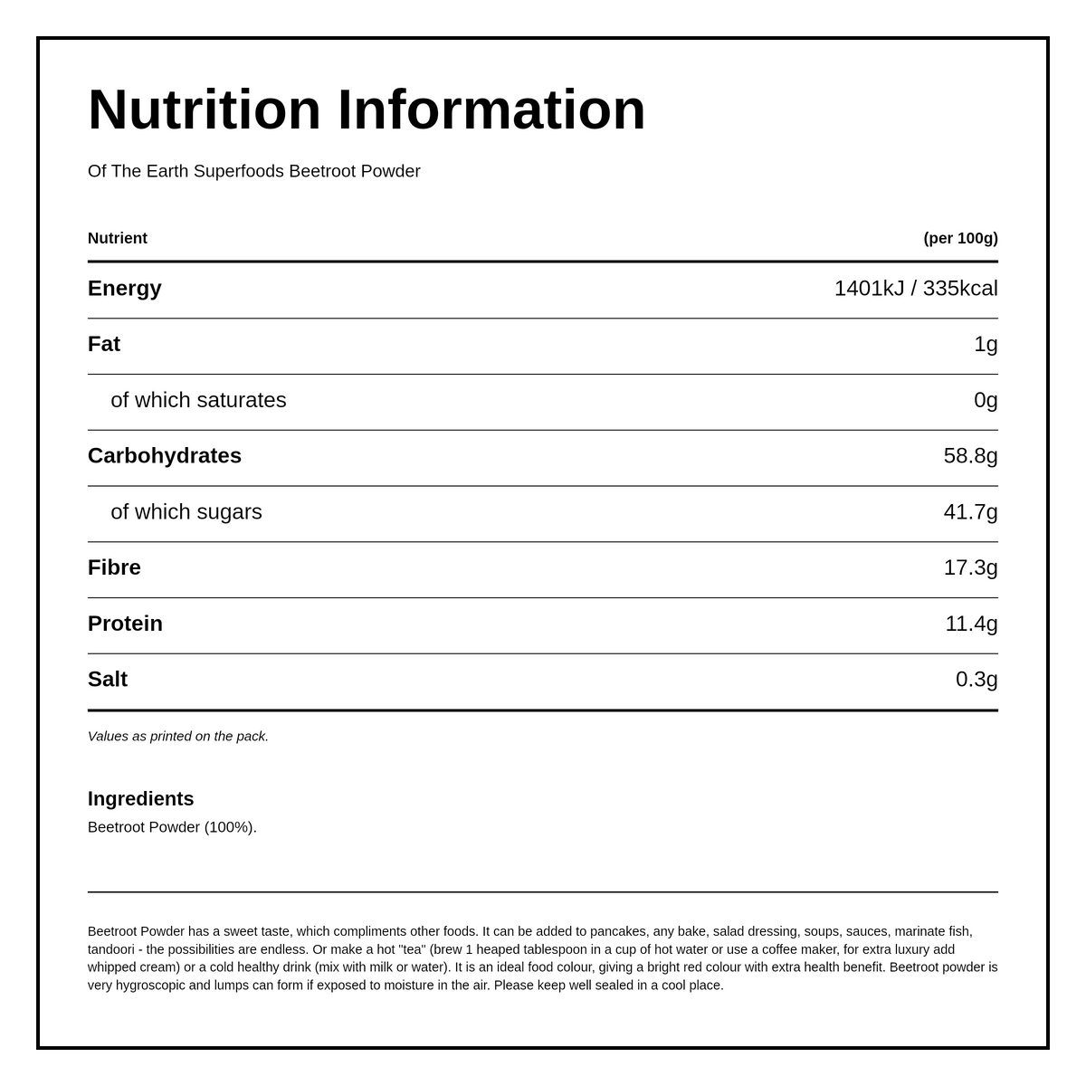 Of The Earth Organic Powdered Beetroot — nutrition information panel, generated from the pack