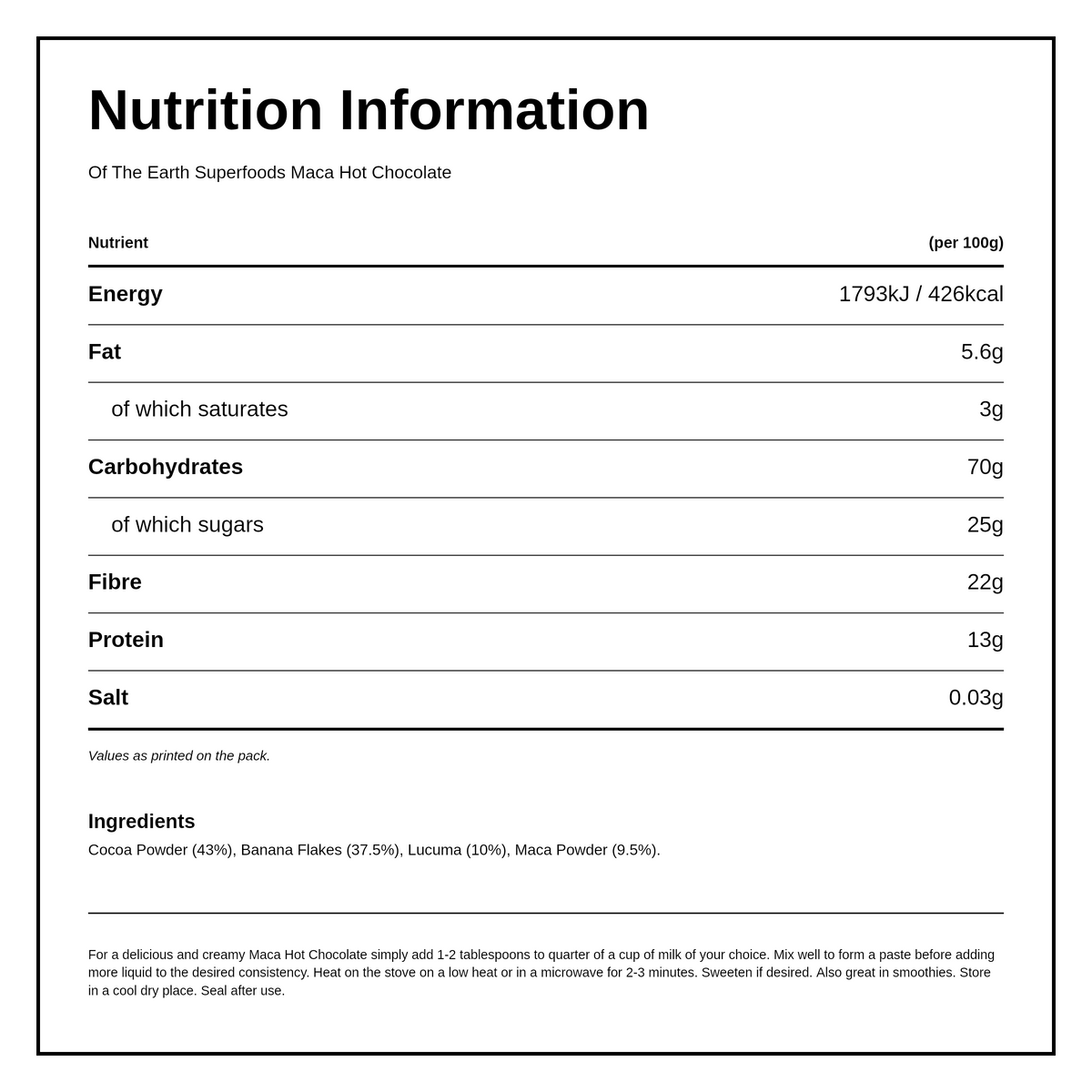 Of The Earth Organic Hot Chocolate with Maca — nutrition information panel, generated from the pack