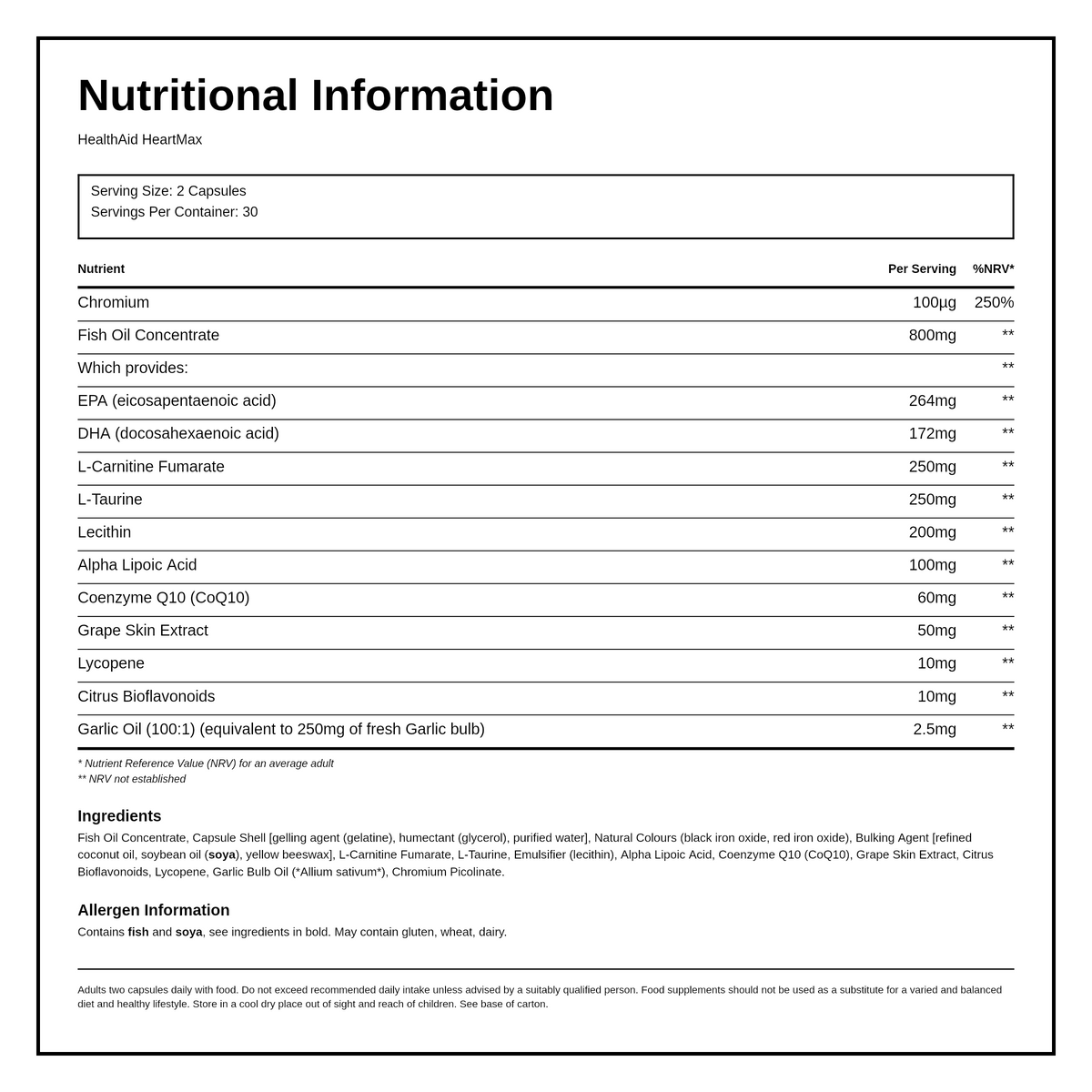 HealthAid HeartMax Capsules 60's — nutrition information panel, generated from the pack