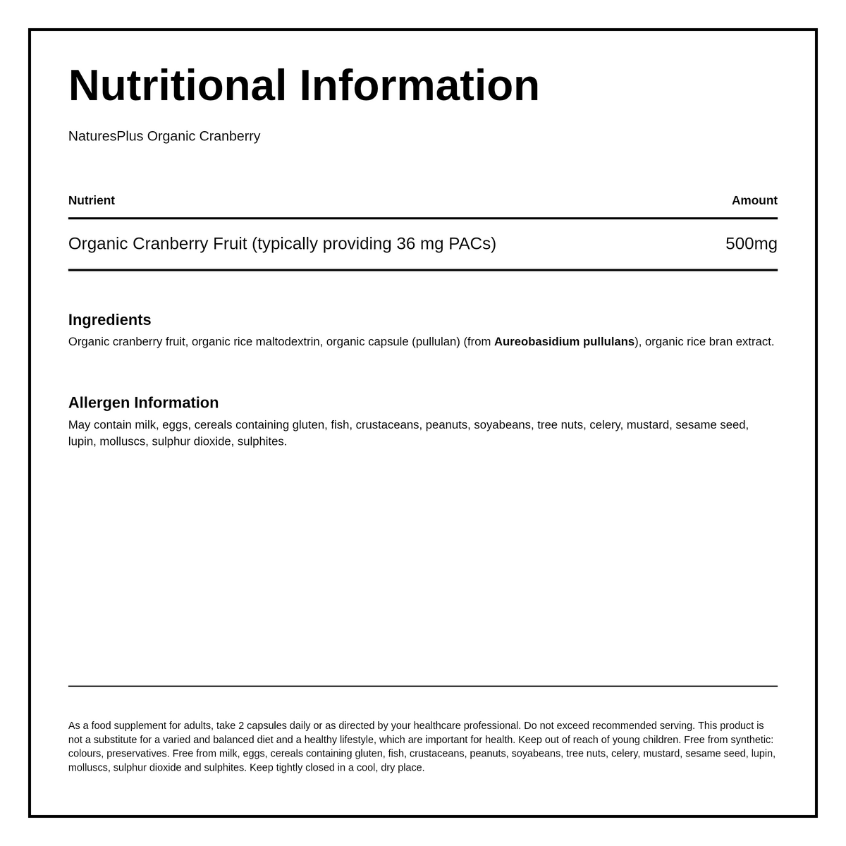 Natures Plus Organic Cranberry 500mg 60 Caps — nutrition information panel, generated from the pack
