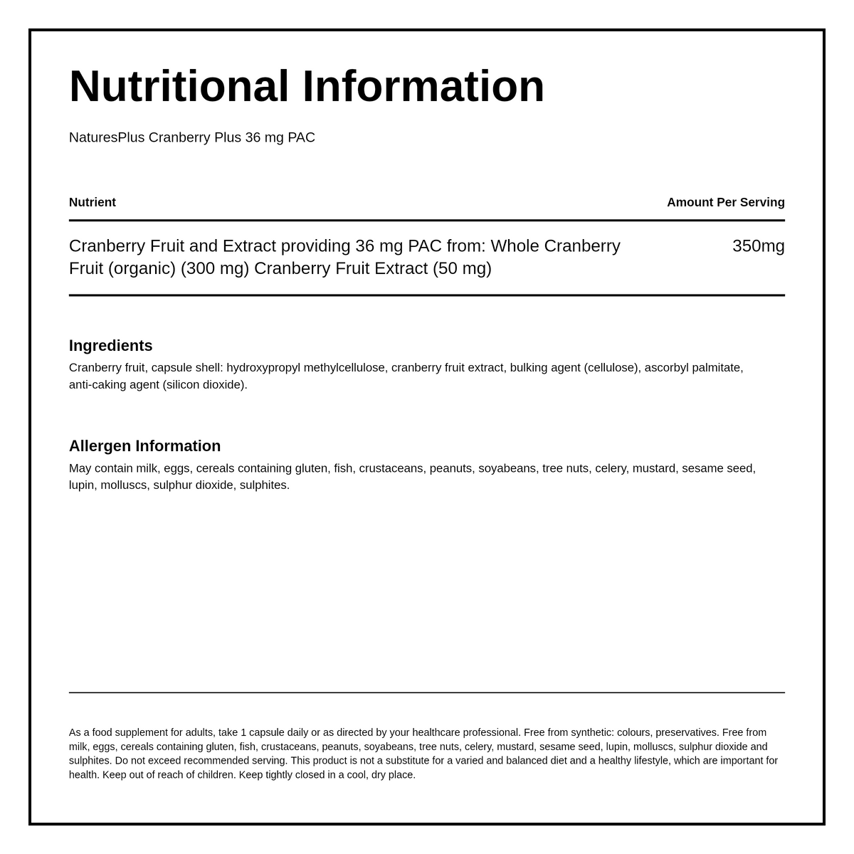 Natures Plus PRO Cranberry Plus 36mg PAC 60 caps — nutrition information panel, generated from the pack