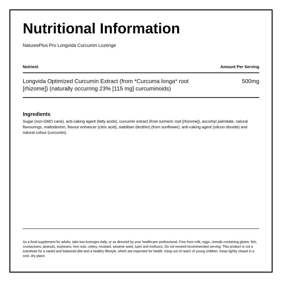 Natures Plus Longvida Curcumin Lozenges — nutrition information panel, generated from the pack