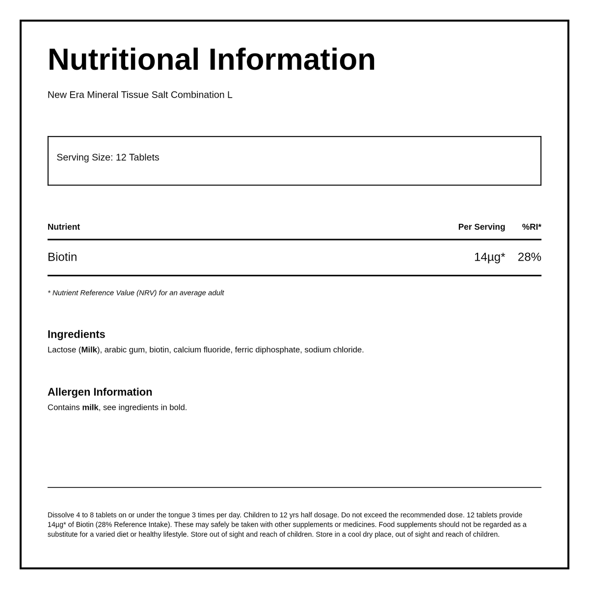 New Era Combination L - Sedentary Lifestyle. 240 tablets — nutrition information panel, generated from the pack