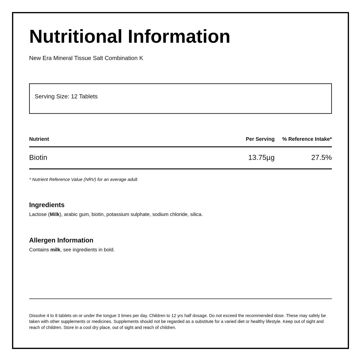 New Era Combination K - Healthy hair & great nails. — nutrition information panel, generated from the pack