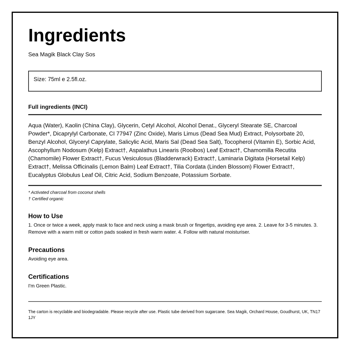 Dead Sea Spa Magik Mud Mask — ingredients (INCI) panel, generated from the pack