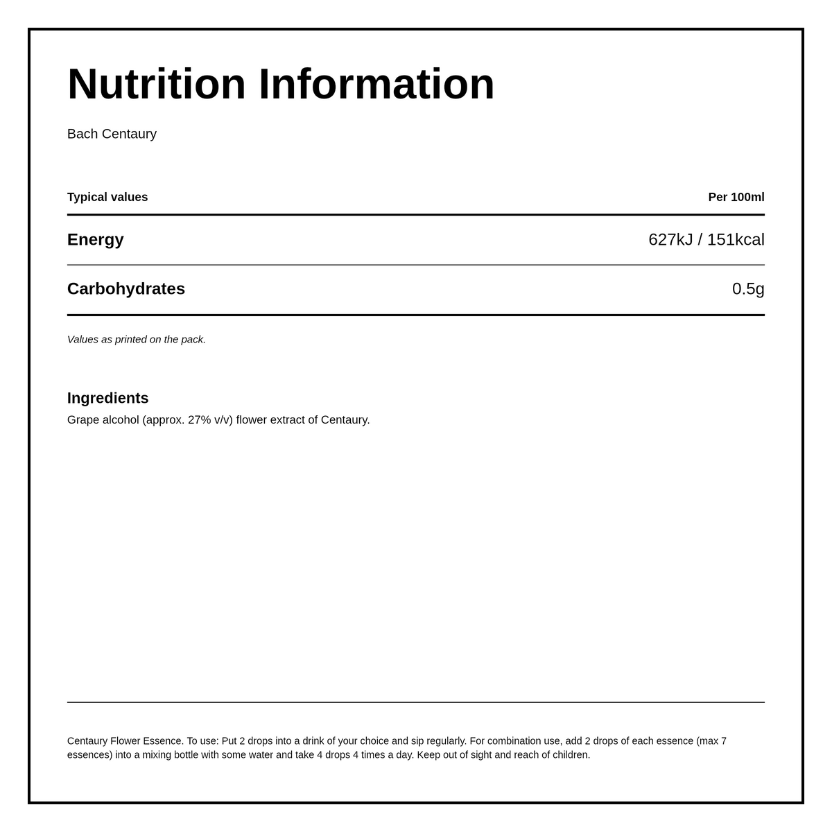 Bach Original Flower Remedies Centaury — nutrition information panel, generated from the pack