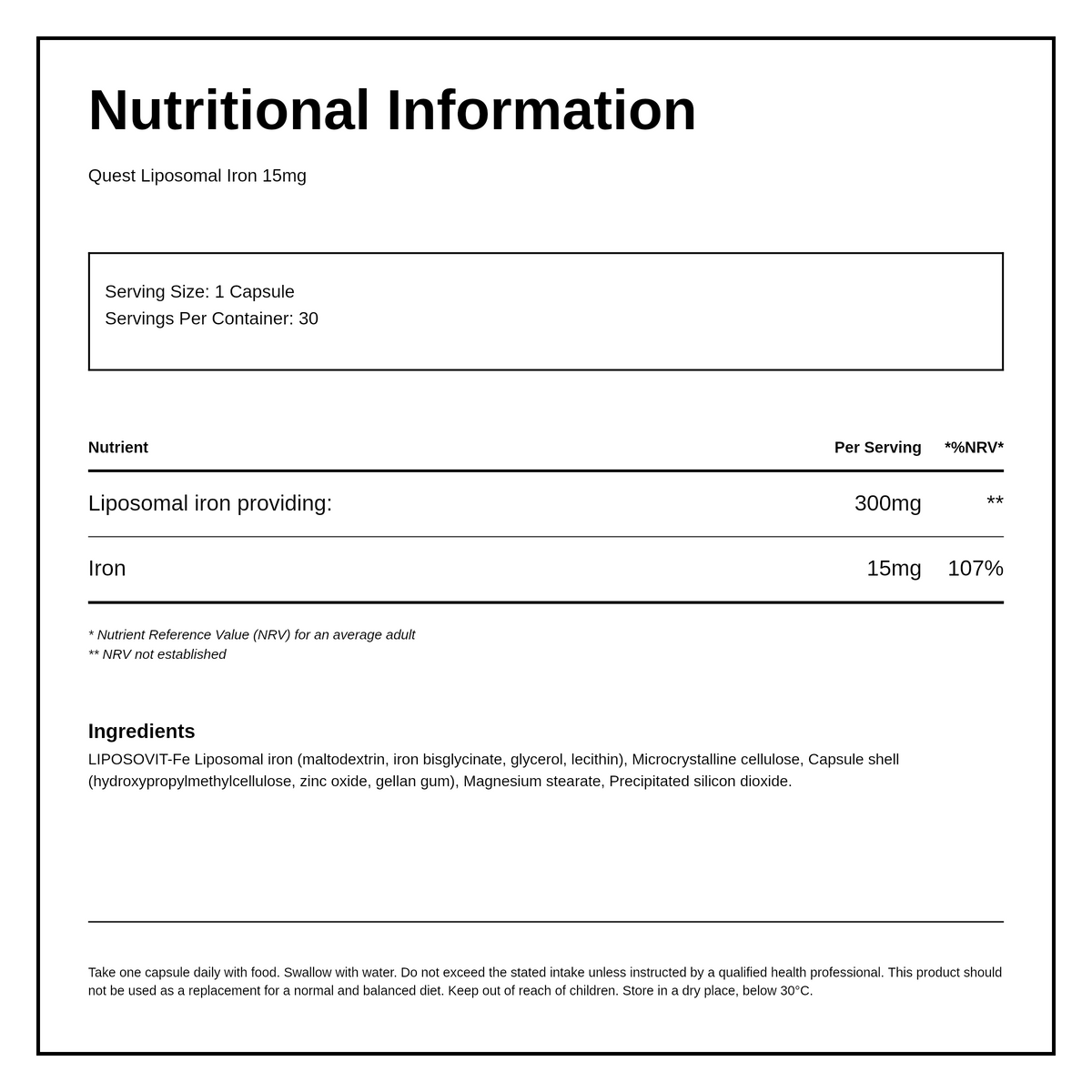 Quest Liposomal Iron 15mg 30 caps — nutrition information panel, generated from the pack