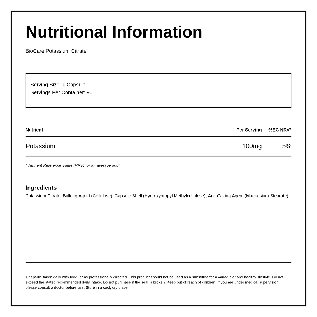 Biocare Potassium Citrate 90 capsules — nutrition information panel, generated from the pack