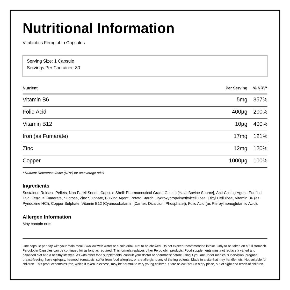 Vitabiotic Feroglobin-B12 — nutrition information panel, generated from the pack