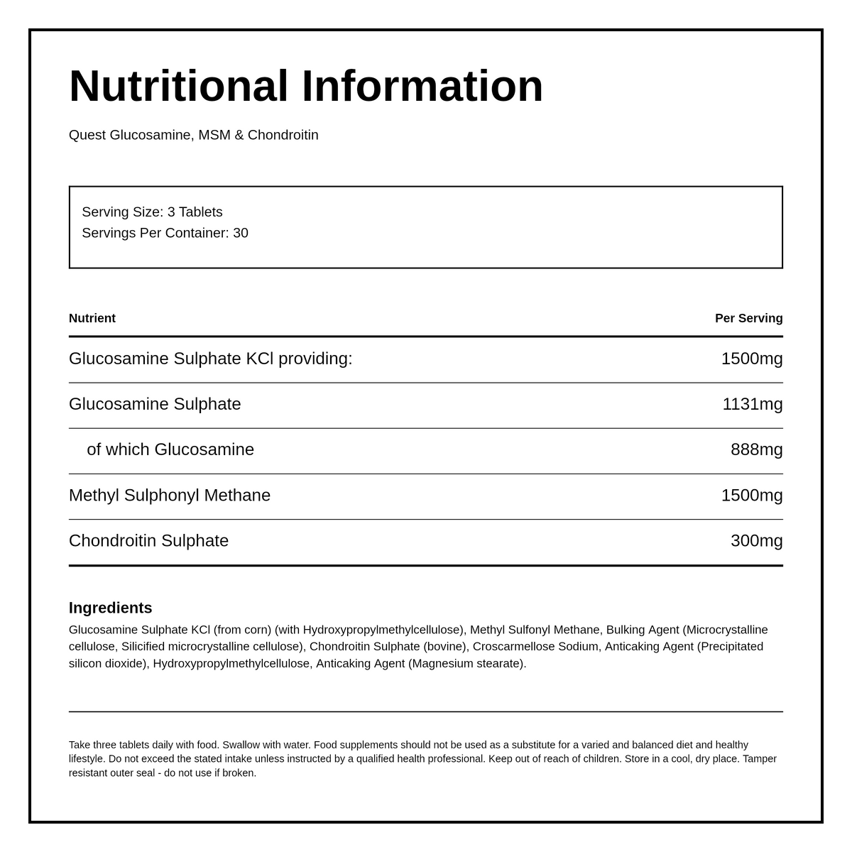 Quest Glucosamine MSM & Chondroitin Extra Fill 60 + 30 Tablets — nutrition information panel, generated from the pack