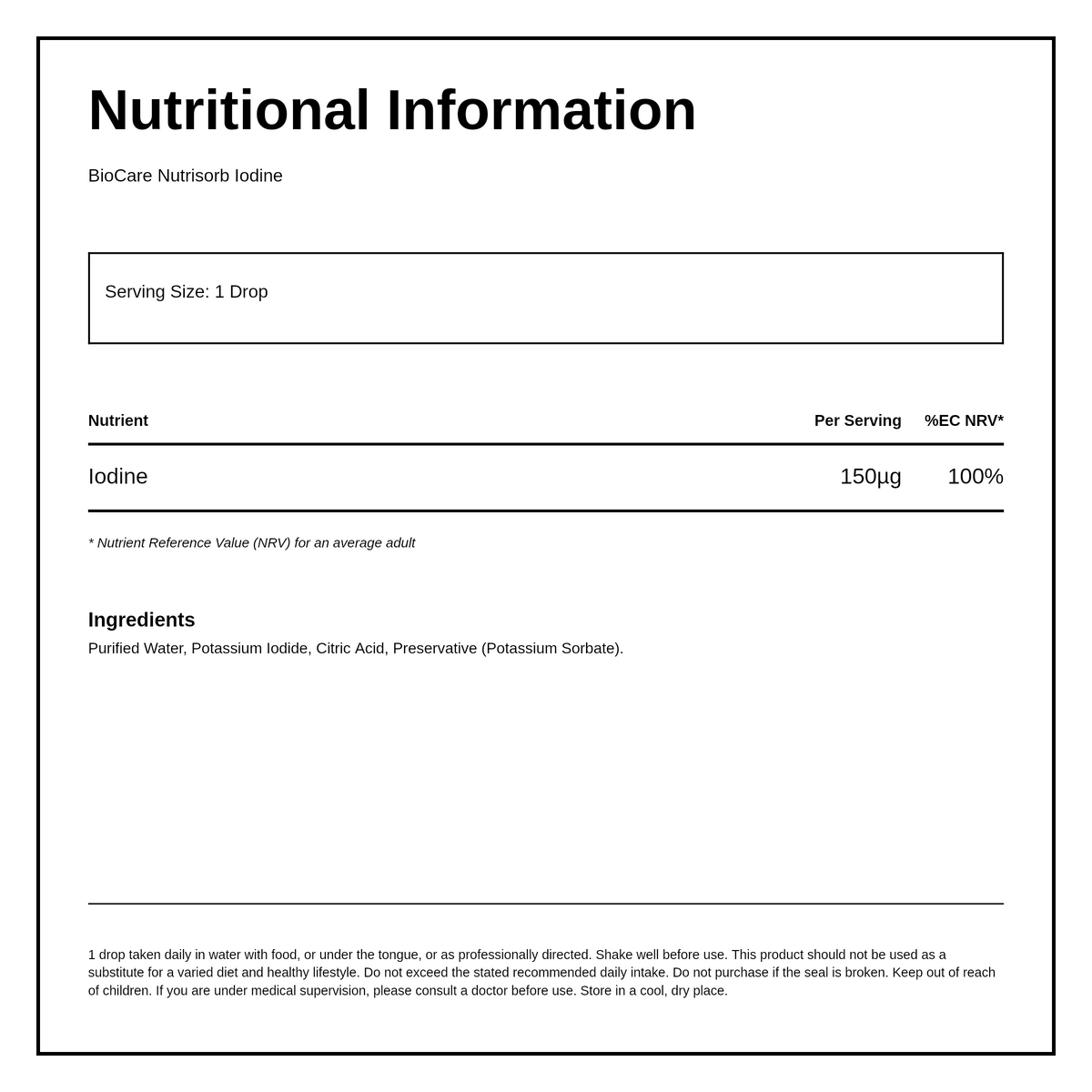 Biocare Nutrisorb Liquid Iodine — nutrition information panel, generated from the pack