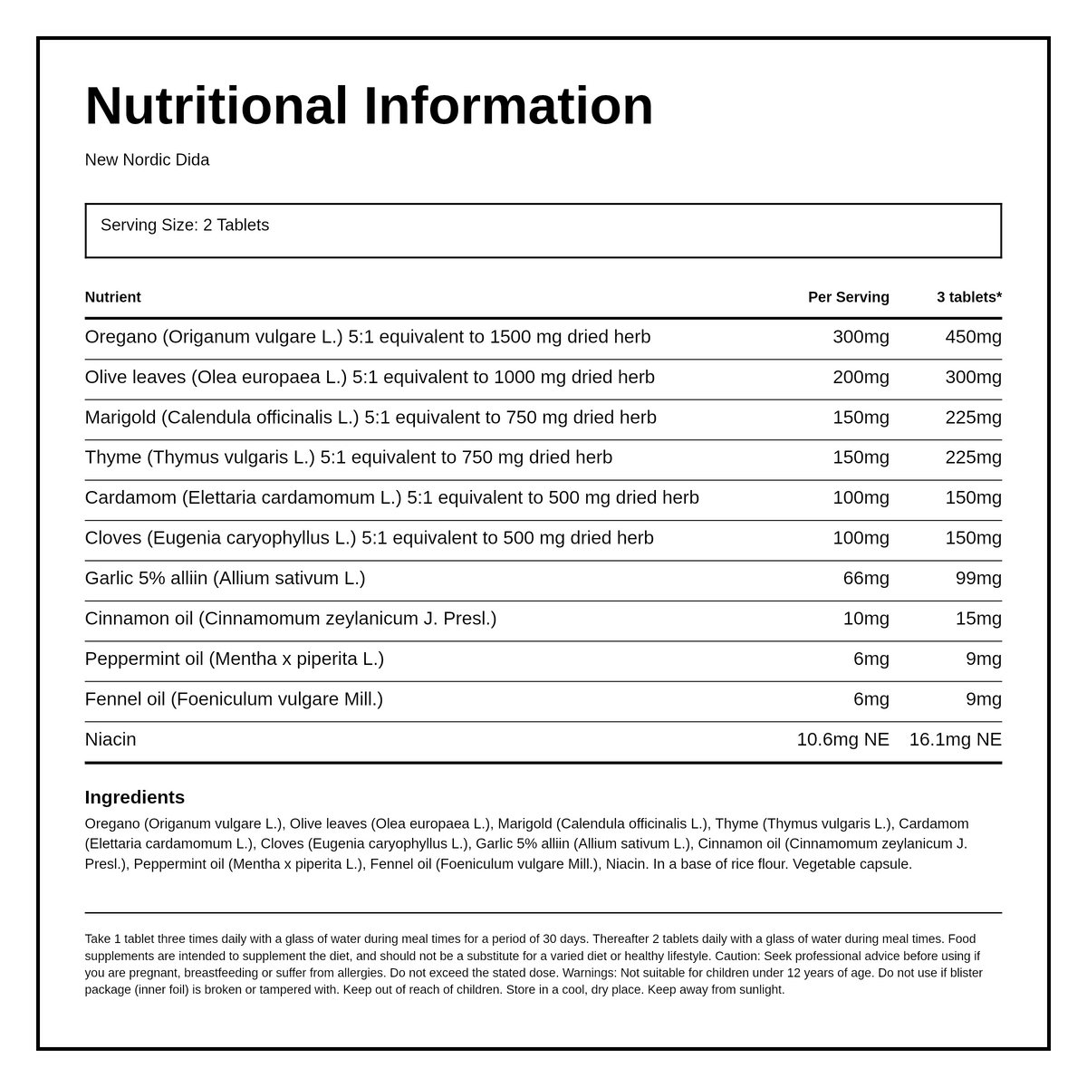 New Nordic Dida 90 tablets — nutrition information panel, generated from the pack